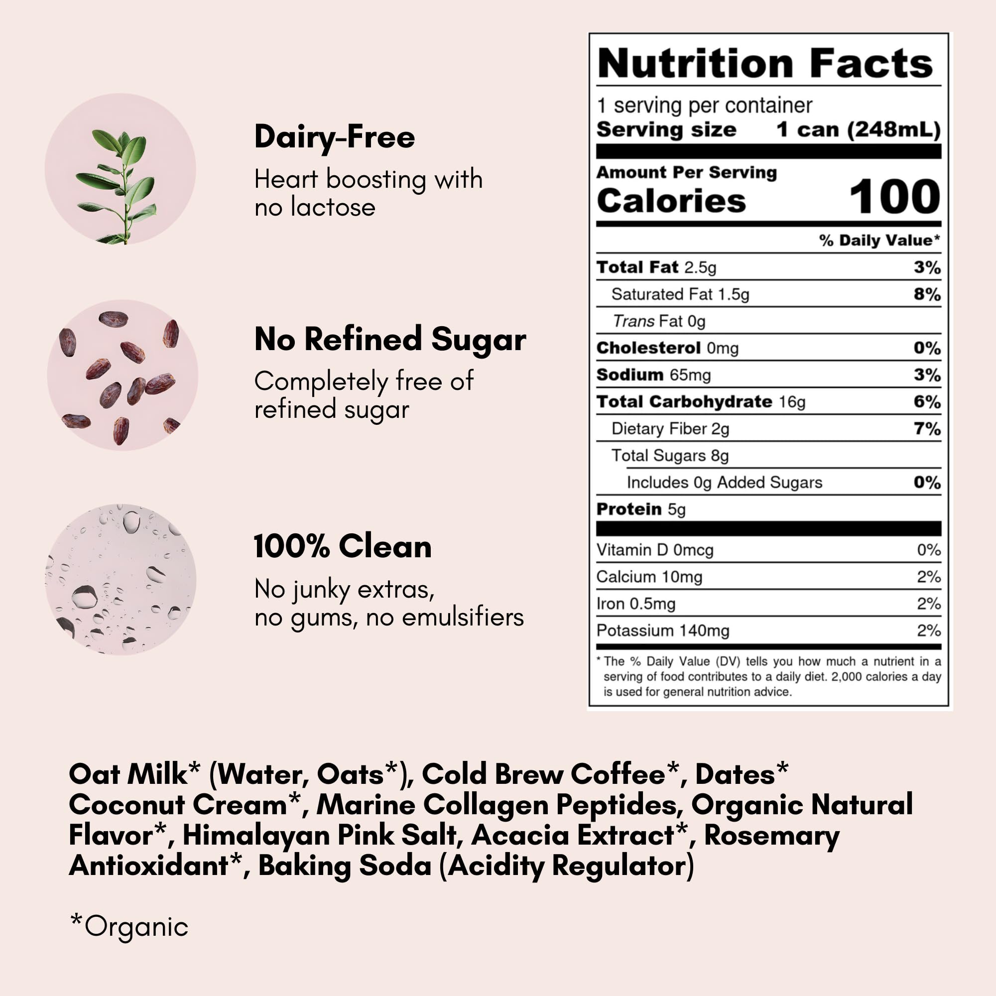 Pop & Bottle vanilla oat latte ingredients, organic and clean label.