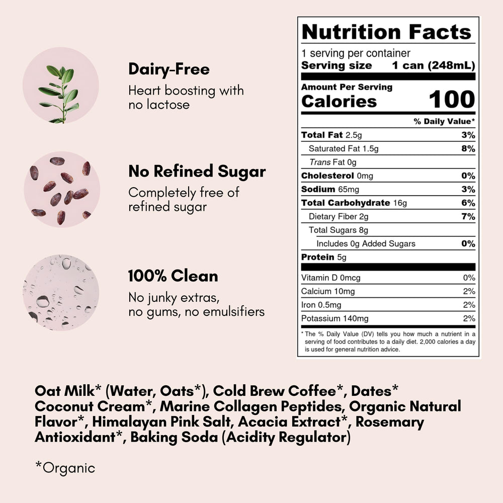 Pop & Bottle vanilla oat latte ingredients, organic and clean label.