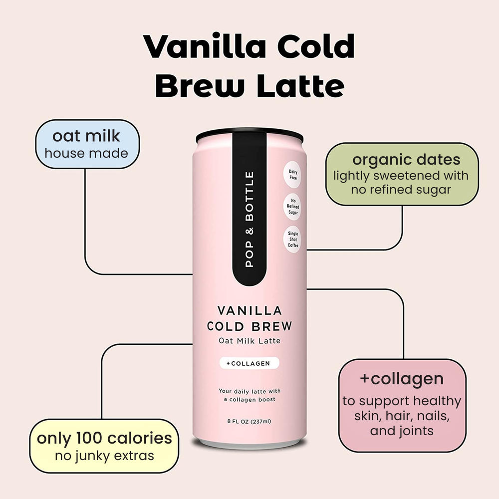 Pop & Bottle vanilla oat latte on ice, refreshing cold brew.