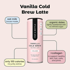 Pop & Bottle vanilla oat latte on ice, refreshing cold brew.
