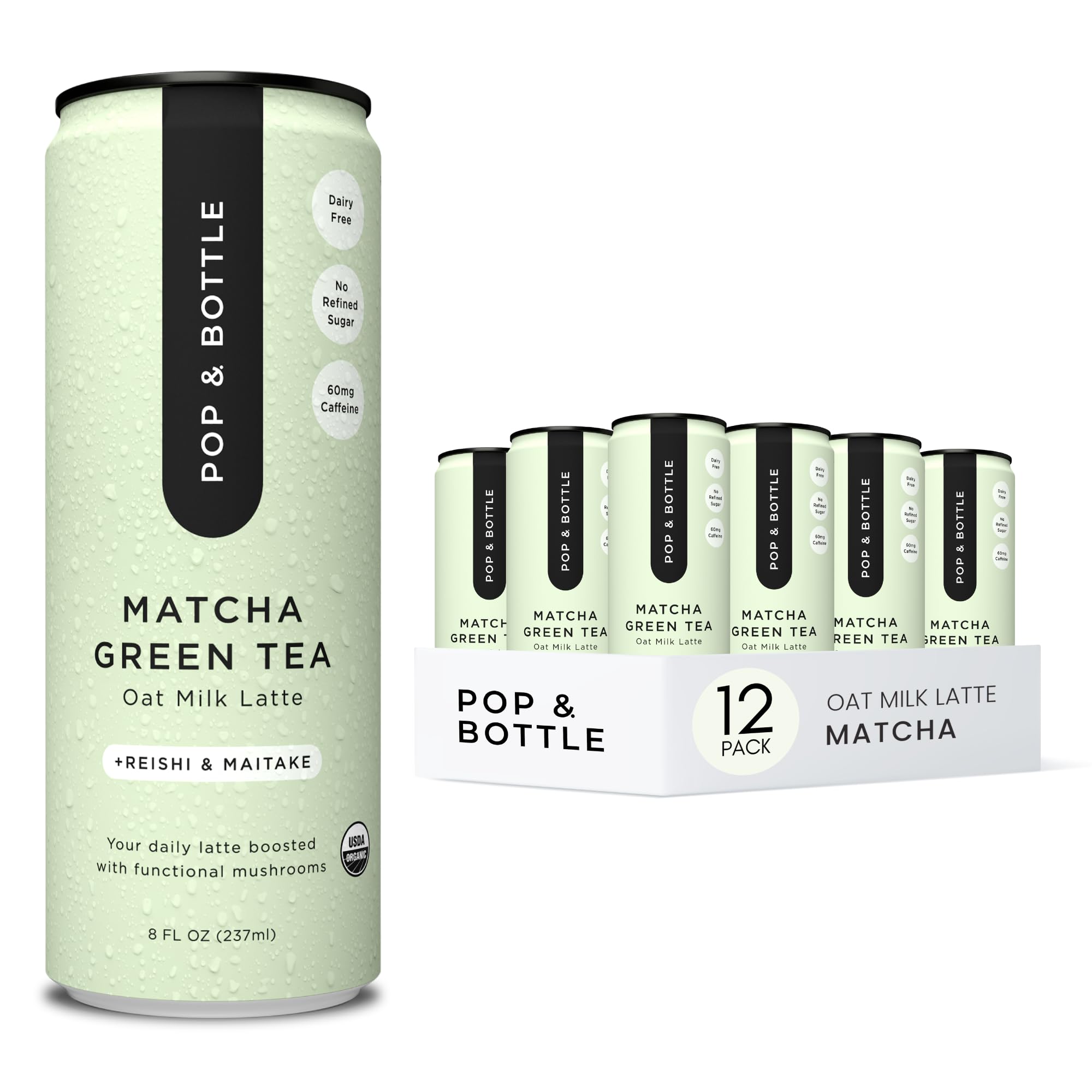 Pop & Bottle matcha-reishi-maitake latte can for on-the-go energy and nourishment.