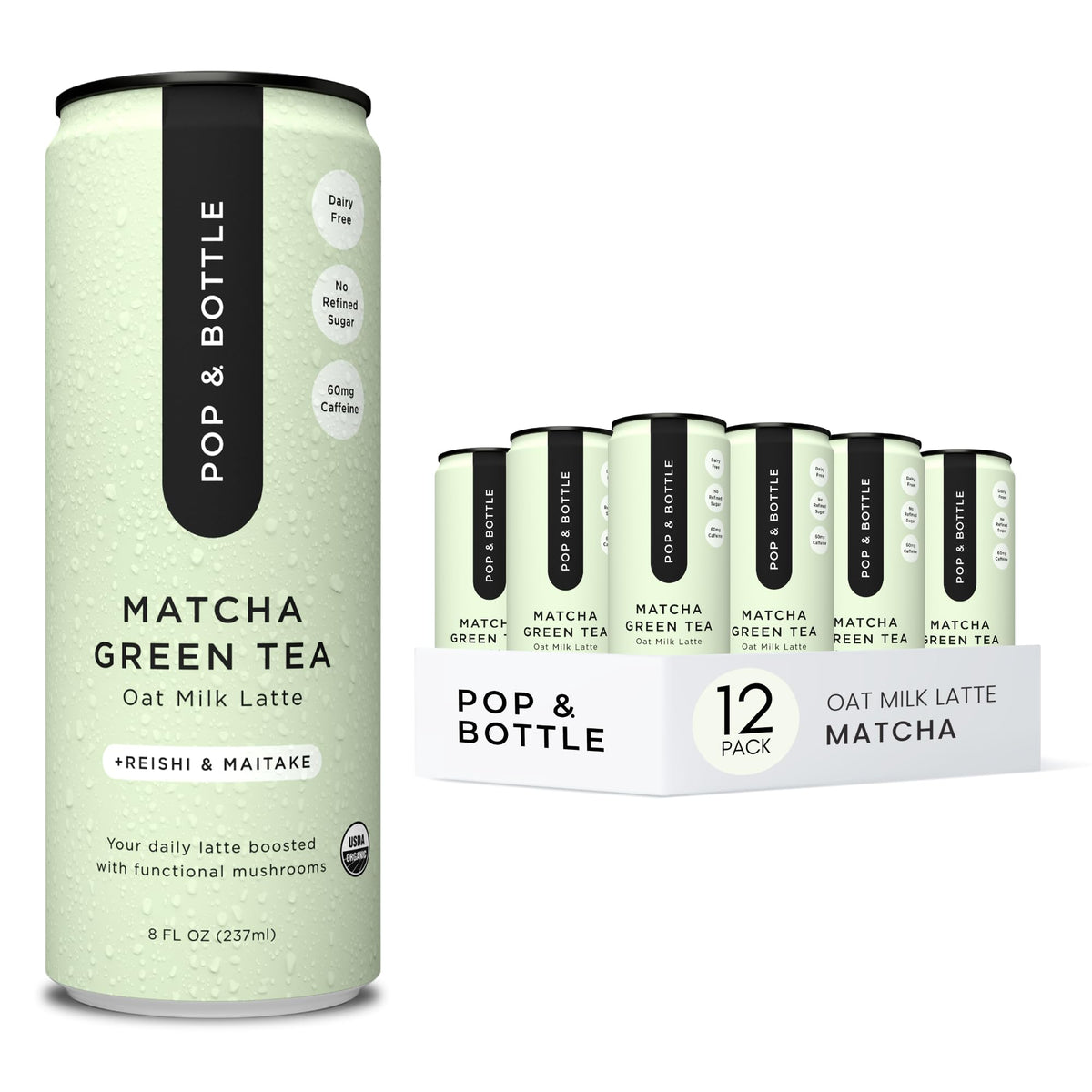 Pop & Bottle matcha-reishi-maitake latte can for on-the-go energy and nourishment.