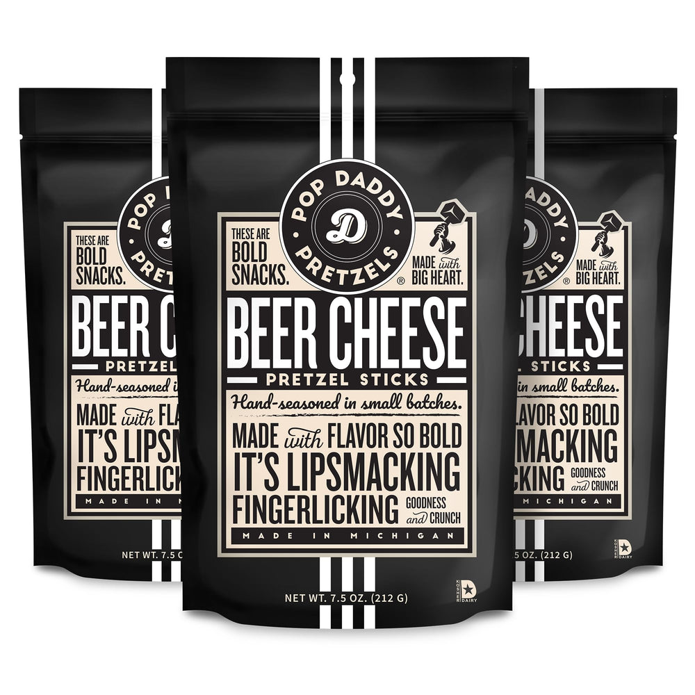 POP DADDY Beer Cheese pretzel sticks bag closeup for on-the-go snacking