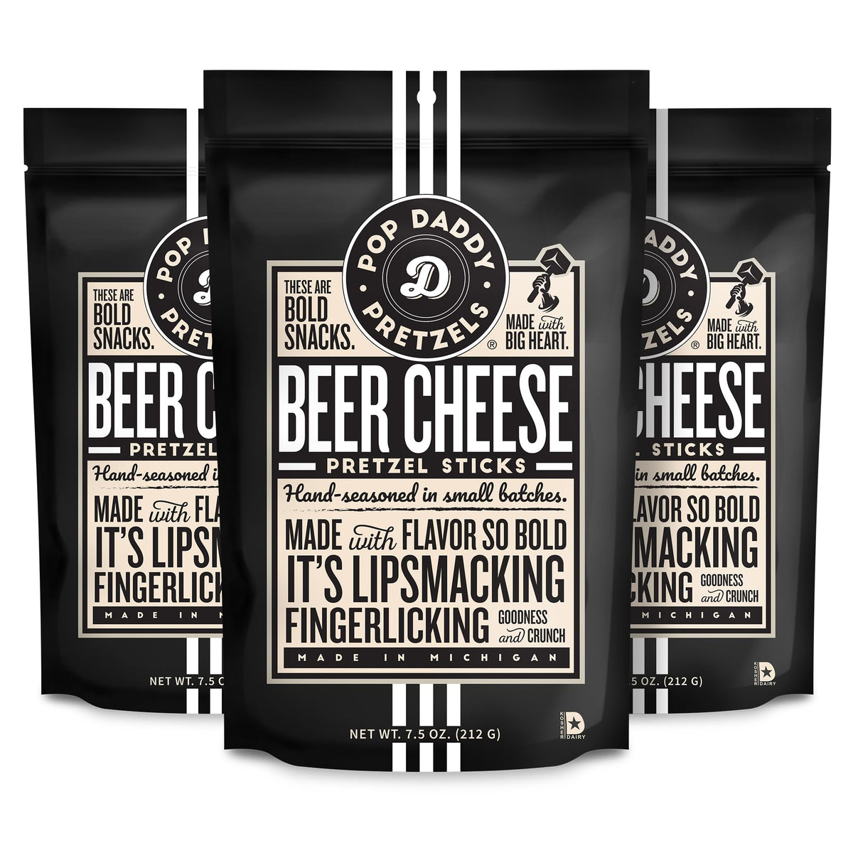 POP DADDY Beer Cheese pretzel sticks bag closeup for on-the-go snacking
