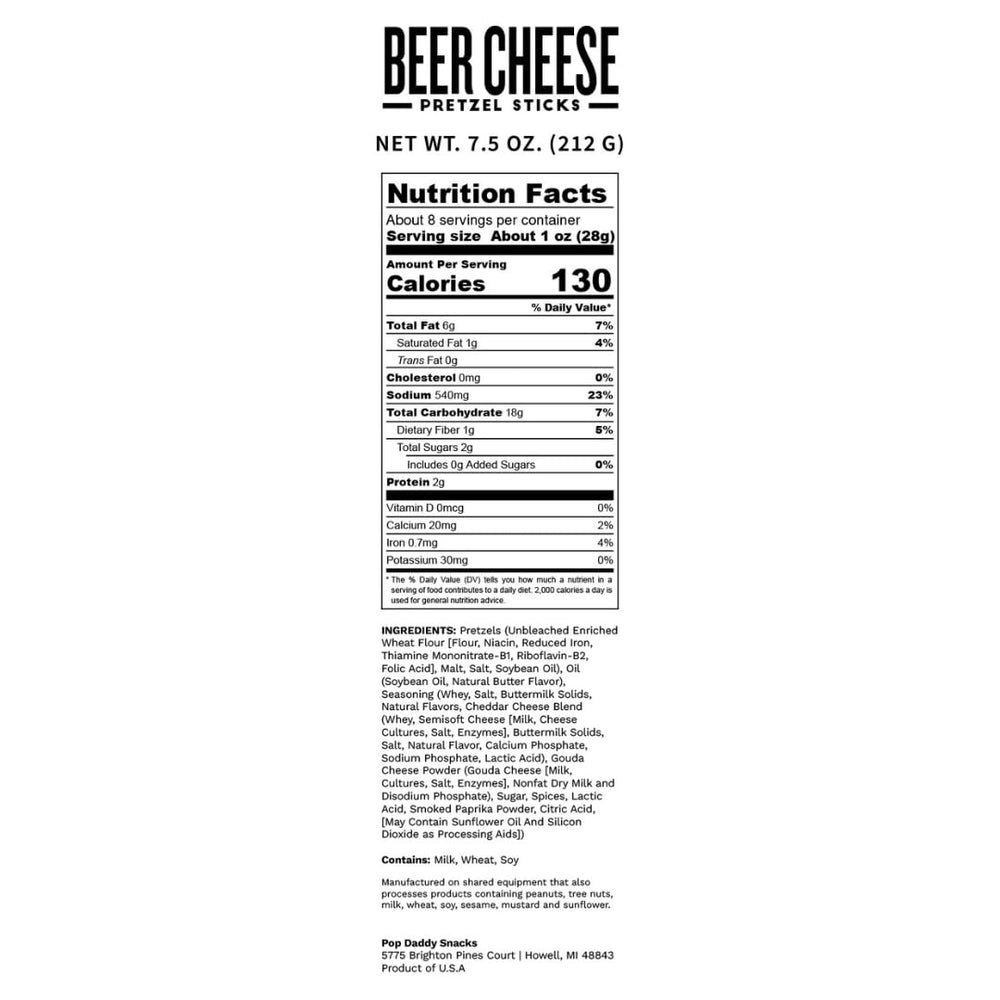 POP DADDY Beer Cheese pretzel sticks bag closeup, pantry-friendly snack