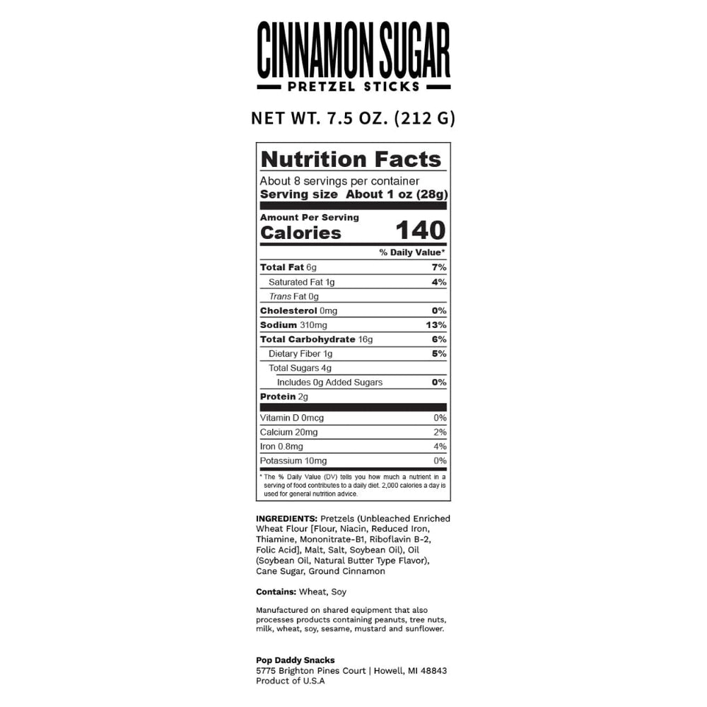 Close-up of POP DADDY Cinnamon Sugar Pretzel Sticks highlighting bold flavor.