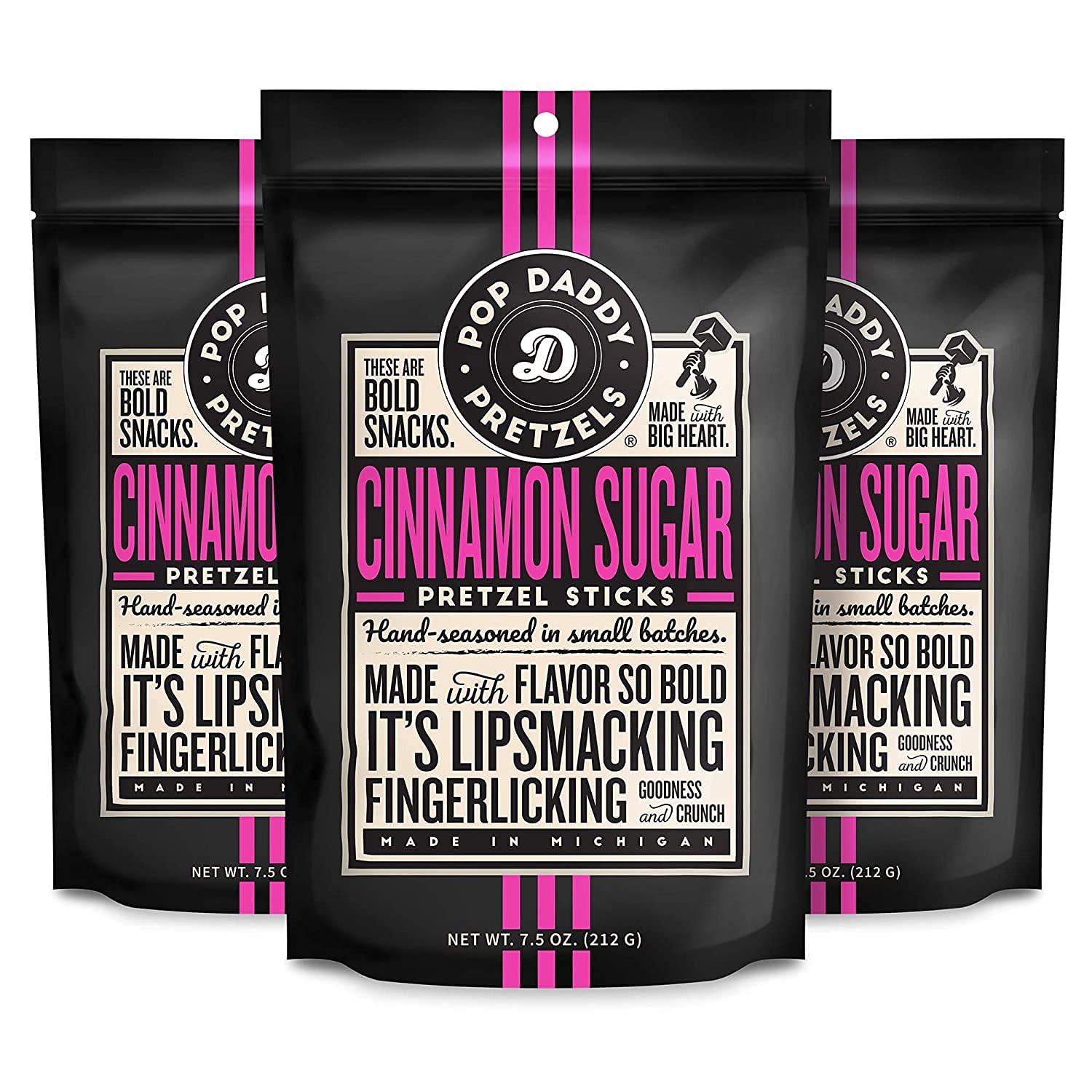 POP DADDY Cinnamon Sugar Pretzel Sticks pack with three resealable bags for easy snacking.