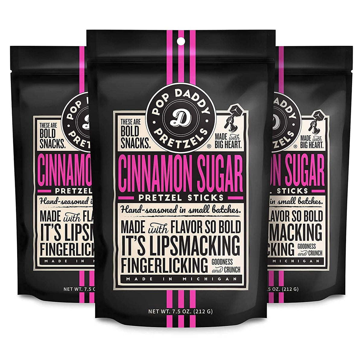 POP DADDY Cinnamon Sugar Pretzel Sticks pack with three resealable bags for easy snacking.