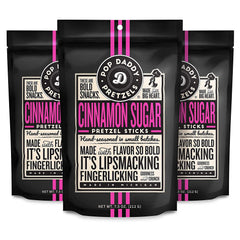 POP DADDY Cinnamon Sugar Pretzel Sticks pack with three resealable bags for easy snacking.