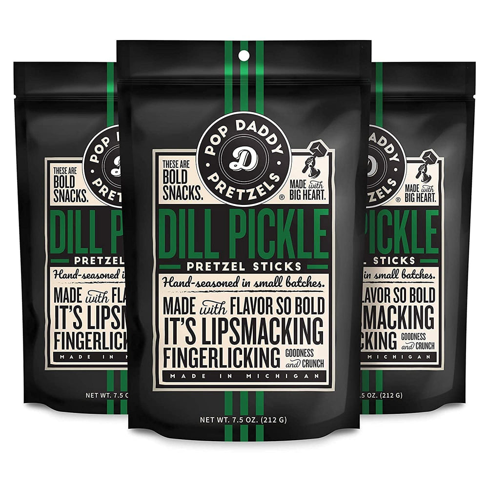 Pop Daddy Dill Pickle Pretzels packaging highlights bold dill flavor.
