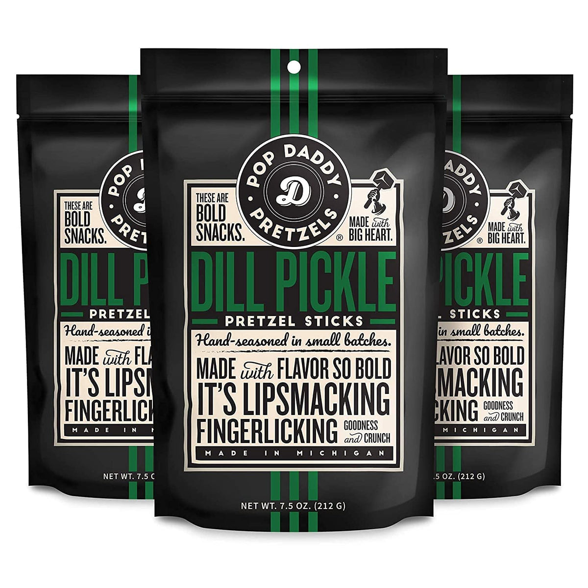 Pop Daddy Dill Pickle Pretzels packaging highlights bold dill flavor.