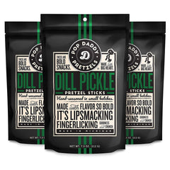 Pop Daddy Dill Pickle Pretzels packaging highlights bold dill flavor.
