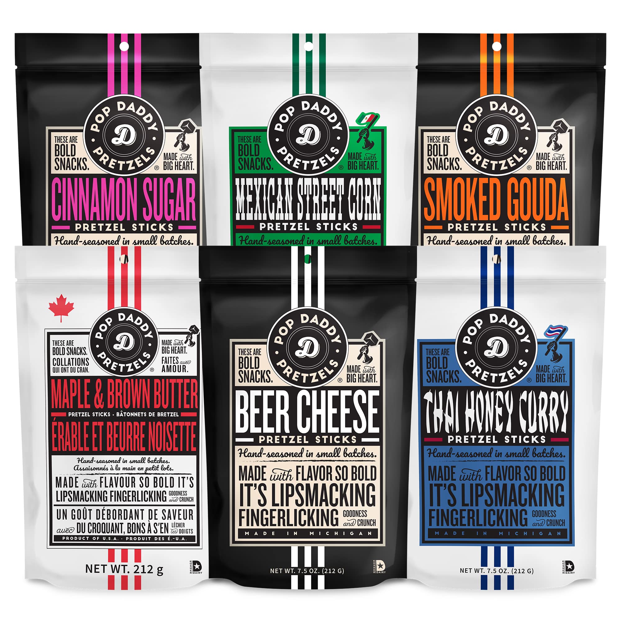 POP DADDY Flavored Pretzel Sticks variety pack front view for quick snacks