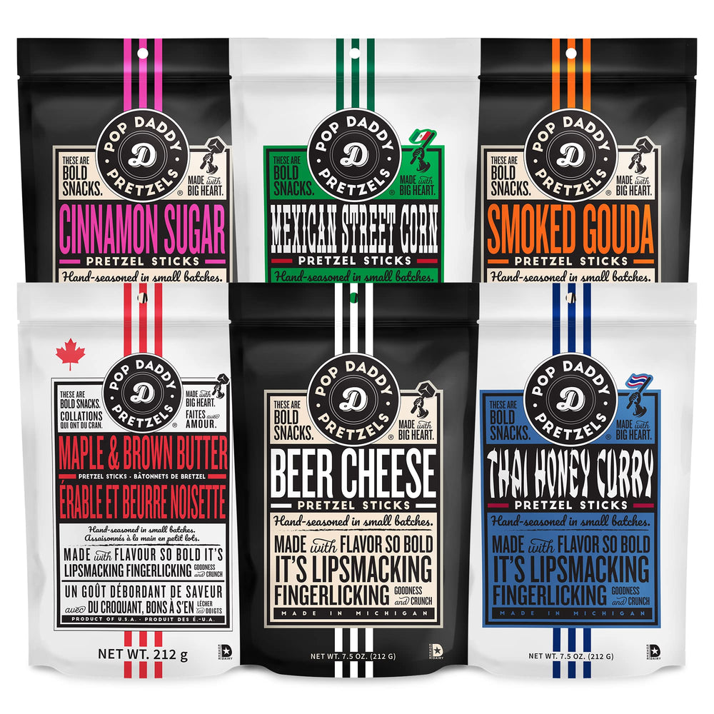 POP DADDY Flavored Pretzel Sticks variety pack front view for quick snacks