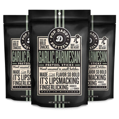 Pop Daddy Garlic Parmesan pretzel sticks in packaging for a convenient, savory snack on the go