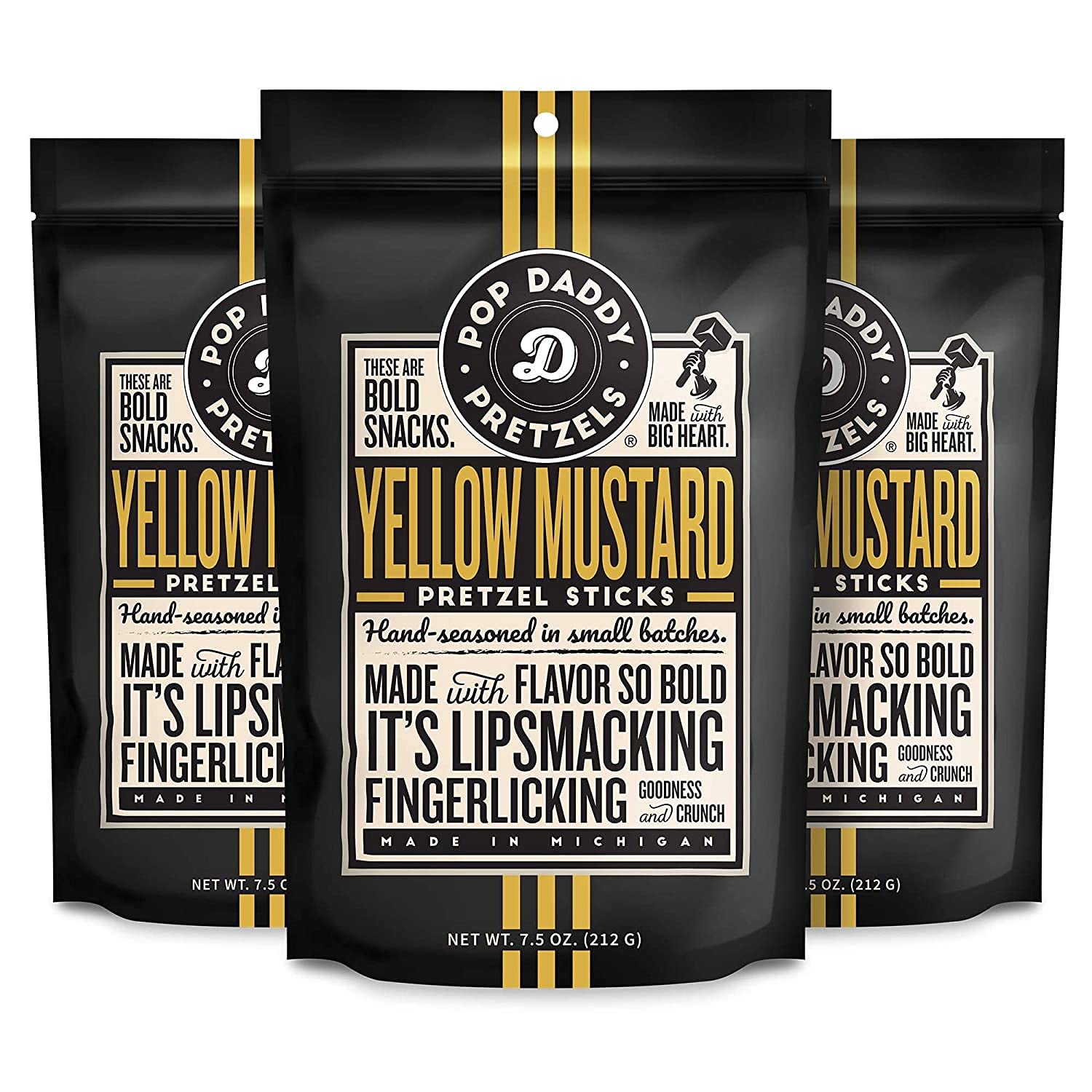 POP DADDY Flavored Pretzels Sticks Yellow Mustard in a convenient 3-pack.