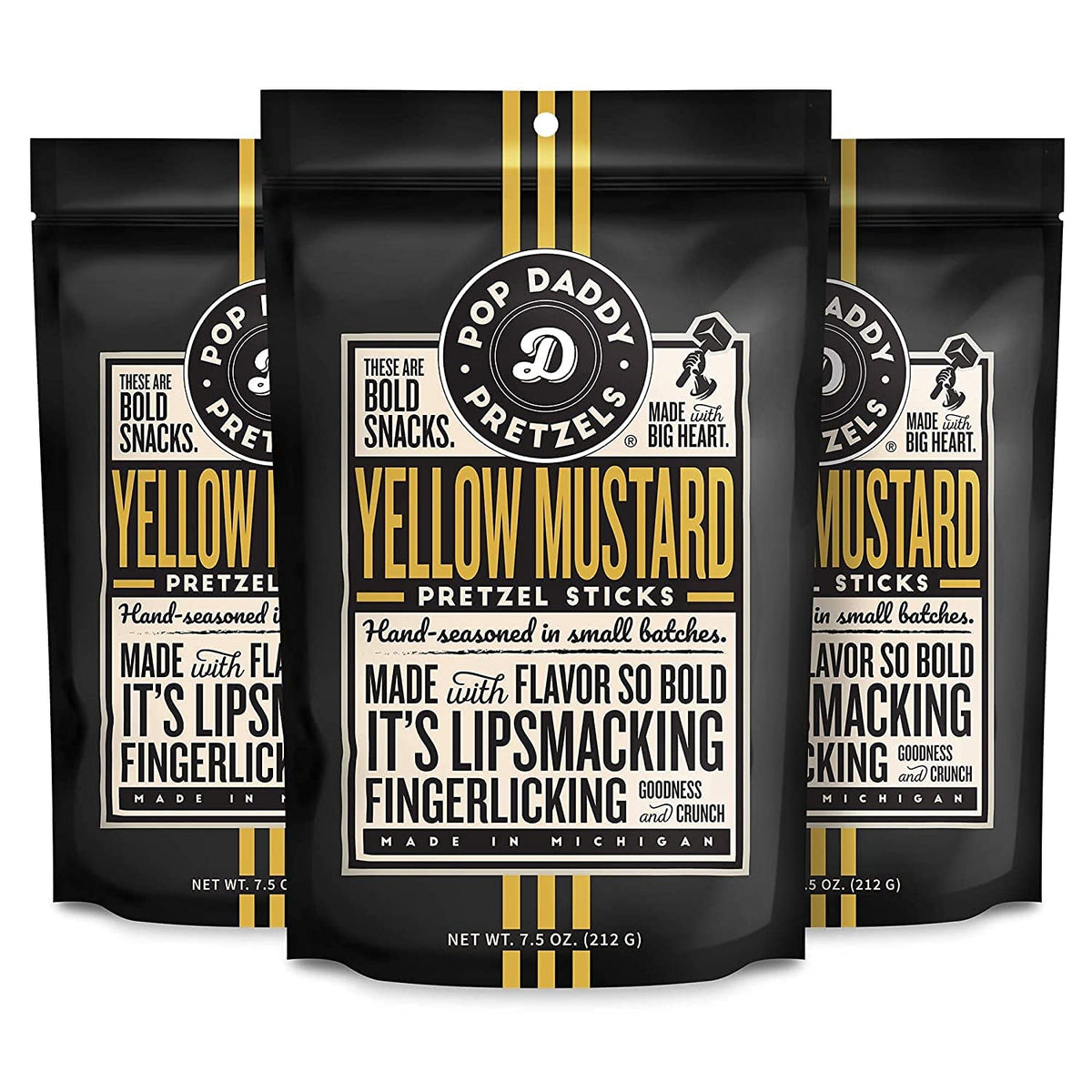POP DADDY Flavored Pretzels Sticks Yellow Mustard in a convenient 3-pack.