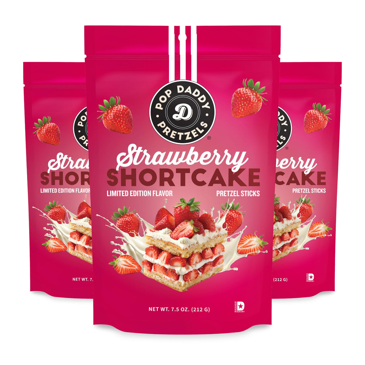 Pop Daddy Flavored Pretzel Sticks Strawberry Shortcake pack front, ideal for on-the-go snacking.