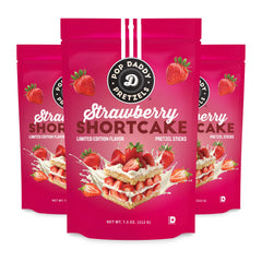 Pop Daddy Flavored Pretzel Sticks Strawberry Shortcake pack front, ideal for on-the-go snacking.