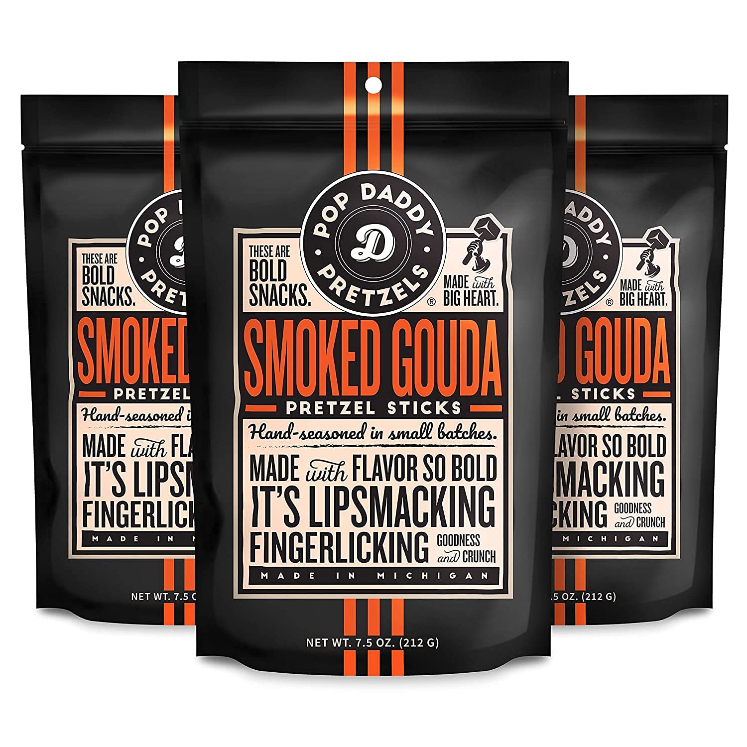 Pop Daddy Smoked Gouda pretzels bag showing bold flavor for snacking.