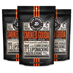 Pop Daddy Smoked Gouda pretzels bag showing bold flavor for snacking.