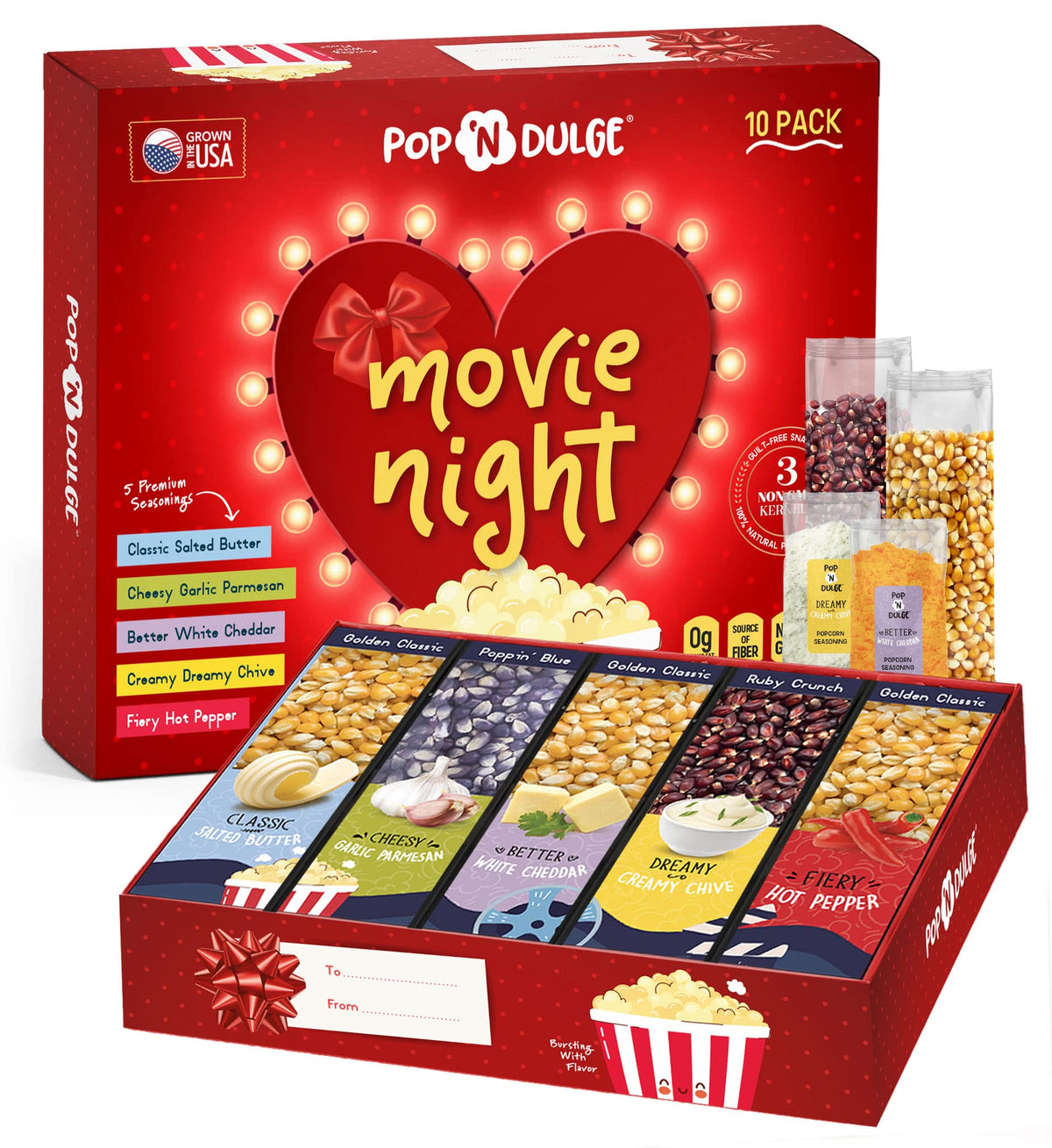Pop n' Dulge movie night kit front view, gift-ready packaging for celebrations