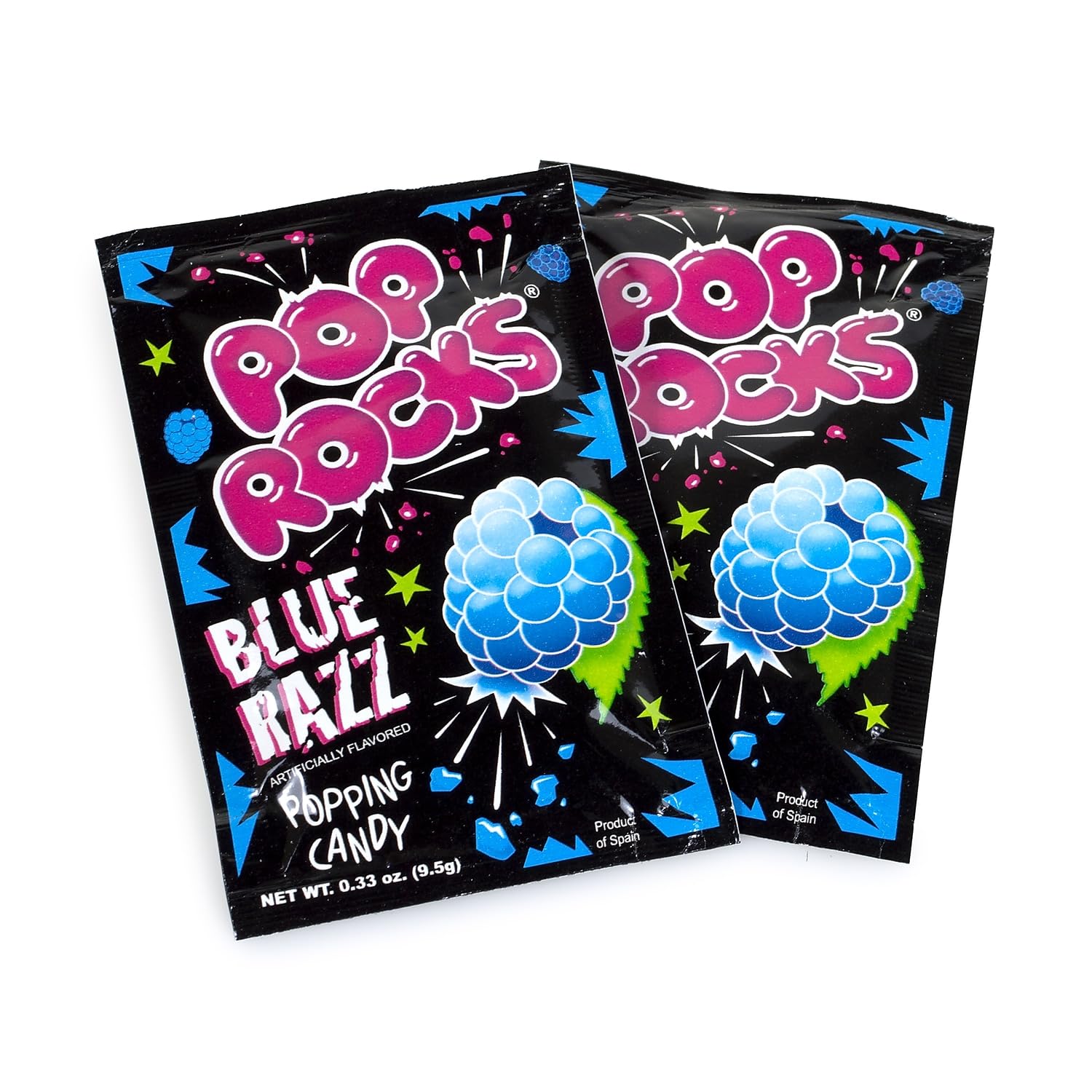 Pop Rocks Blue Raspberry candy packaging display, great for lunchboxes and celebrations