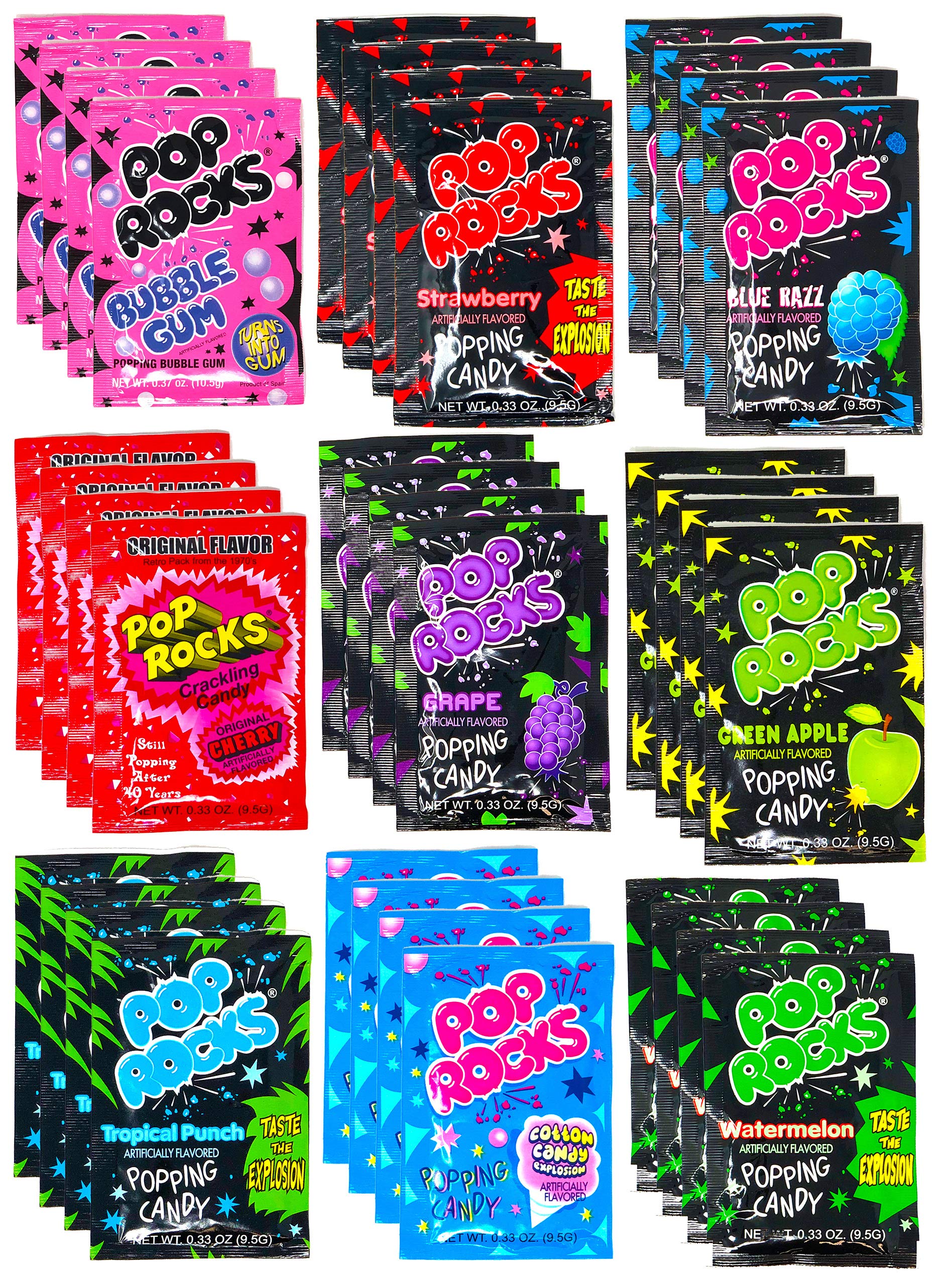 Pop Rocks crackling candy variety pack bag with nine flavors for parties.