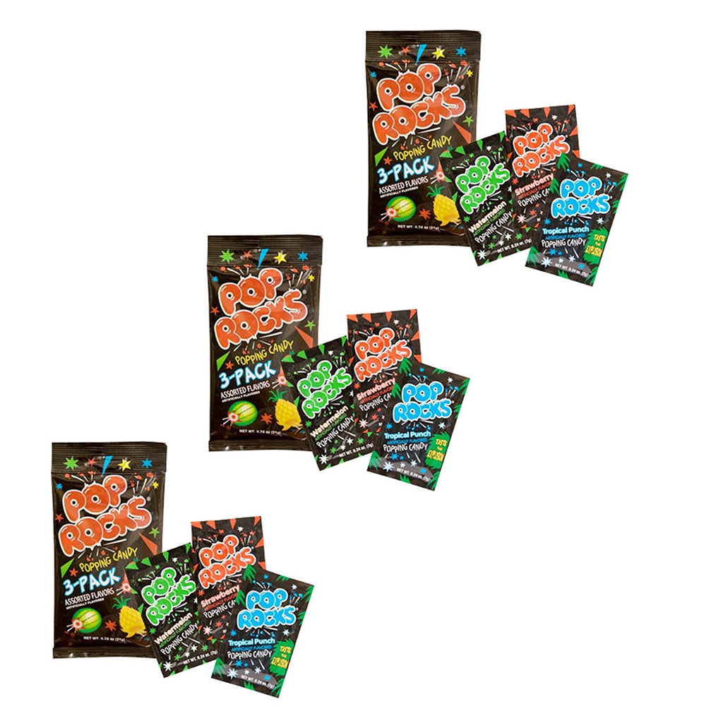 Pop Rocks Popping Candy 3-Pack with three flavors for party snacks.