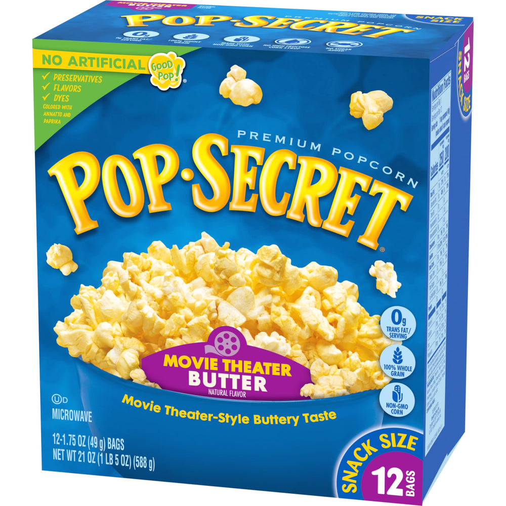 Storage-ready Pop Secret box of 12 bags keeps snacks organized
