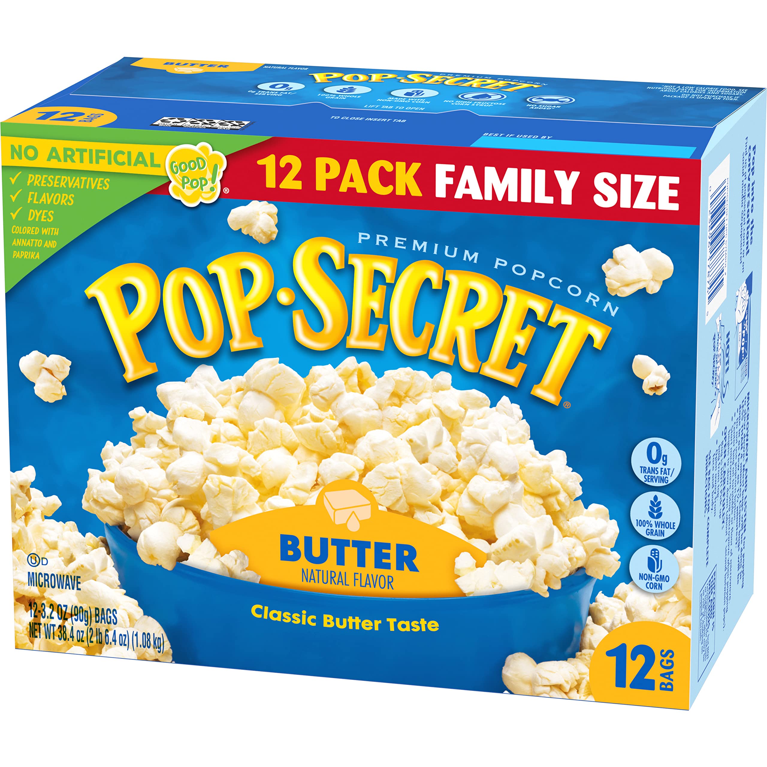 Box of 12 Pop Secret Butter bags sits ready in pantry.