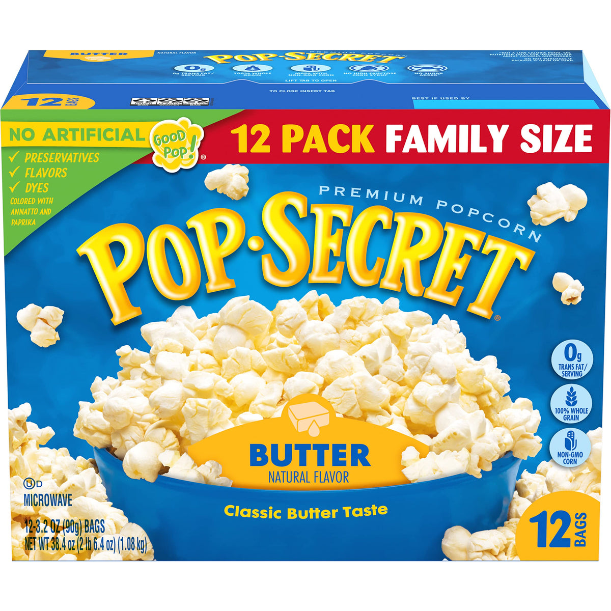 Pop Secret Butter microwave popcorn bag ready to pop for movie night.