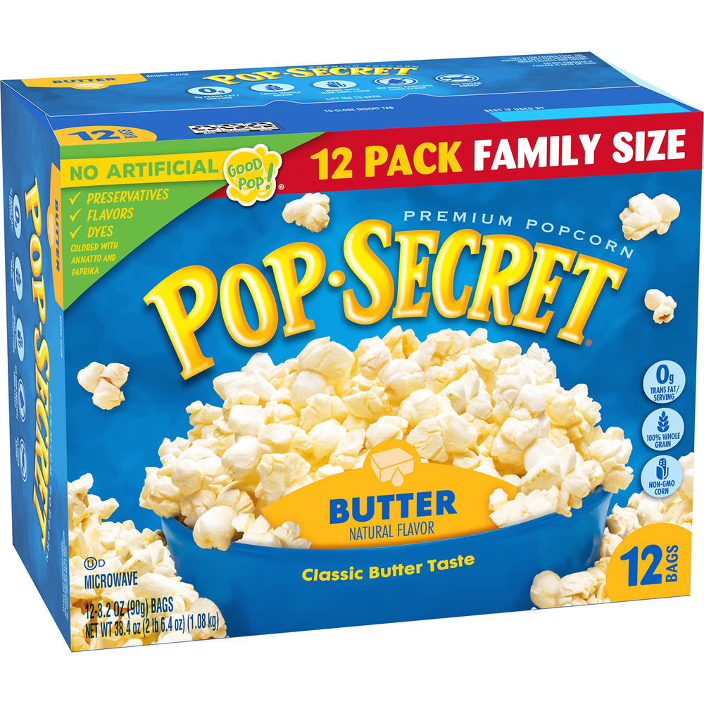 Microwave timer shows 3-4 minutes for Pop Secret Butter popcorn.