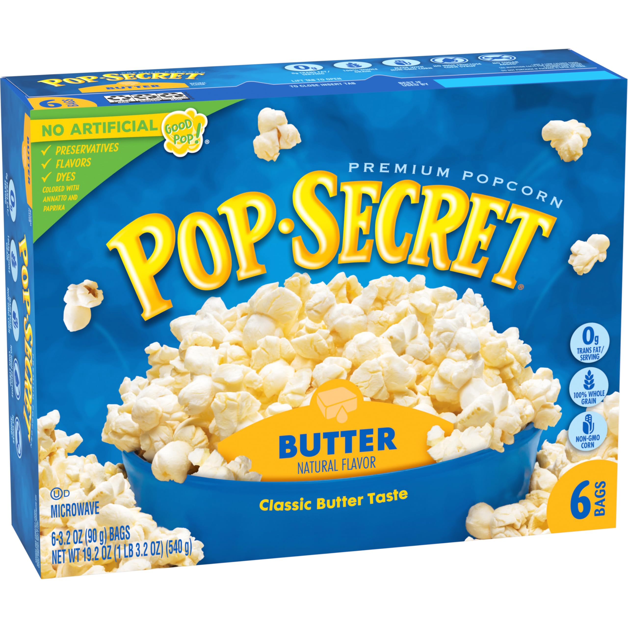 Pop Secret Butter popcorn on kitchen counter, ready to serve.