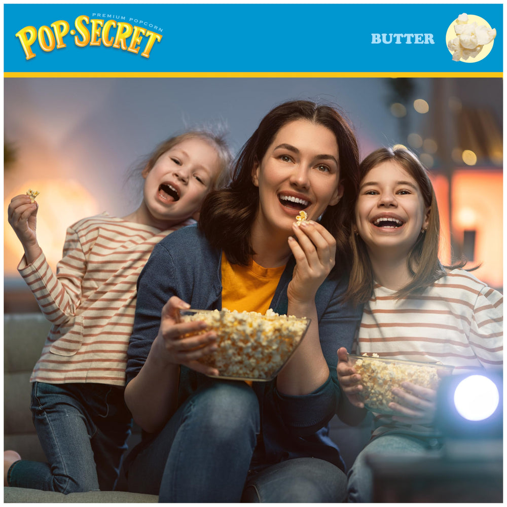 Six-pack Pop Secret Butter popcorn box on shelf, easy to stock.