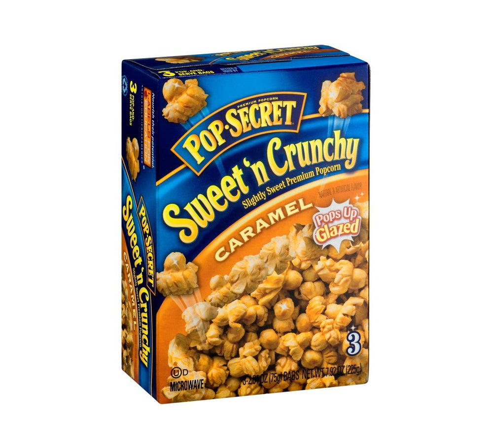 Pop Secret caramel microwave popcorn bag—fluffy kernels with caramel glaze, ideal for movie night.