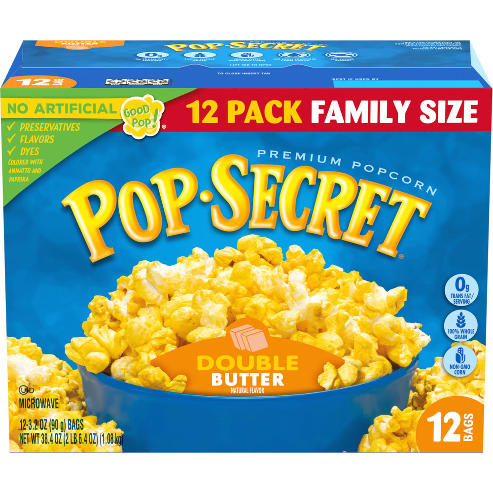 Pop Secret Double Butter popcorn bag front for quick movie-night snacking