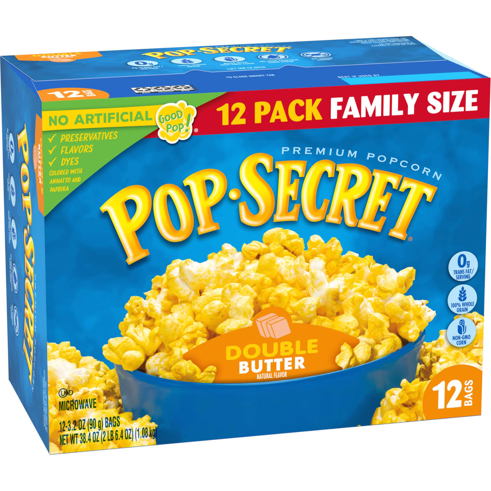 Pop Secret Double Butter popcorn movie-night setup with buttery aroma