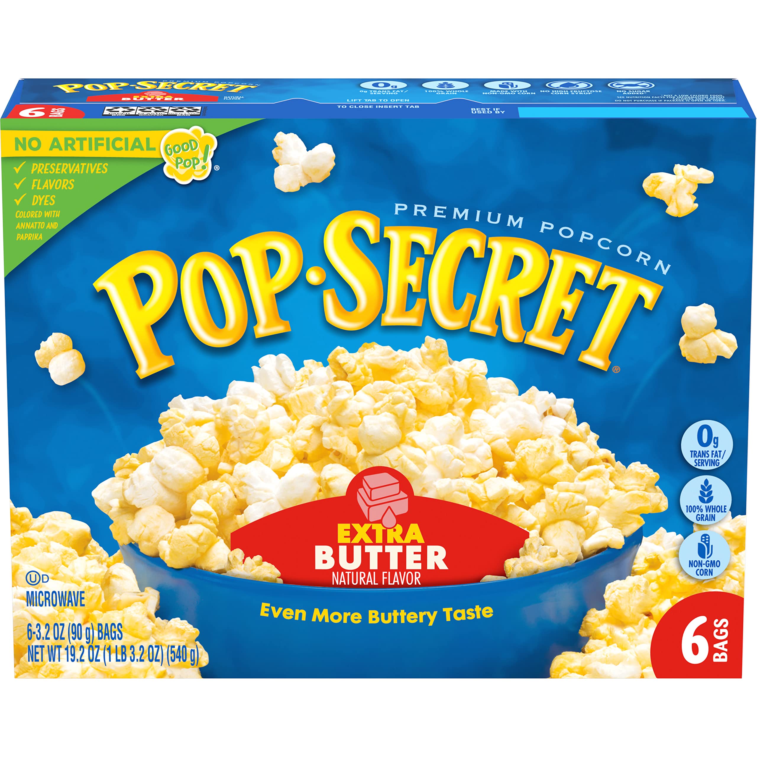 Pop Secret extra butter microwave popcorn bags steaming with a rich aroma.