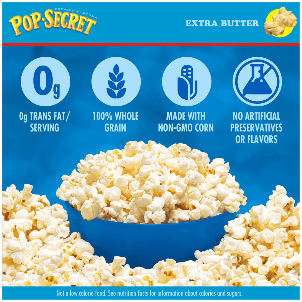 Microwave-ready Pop Secret Extra Butter popcorn bags in minutes.