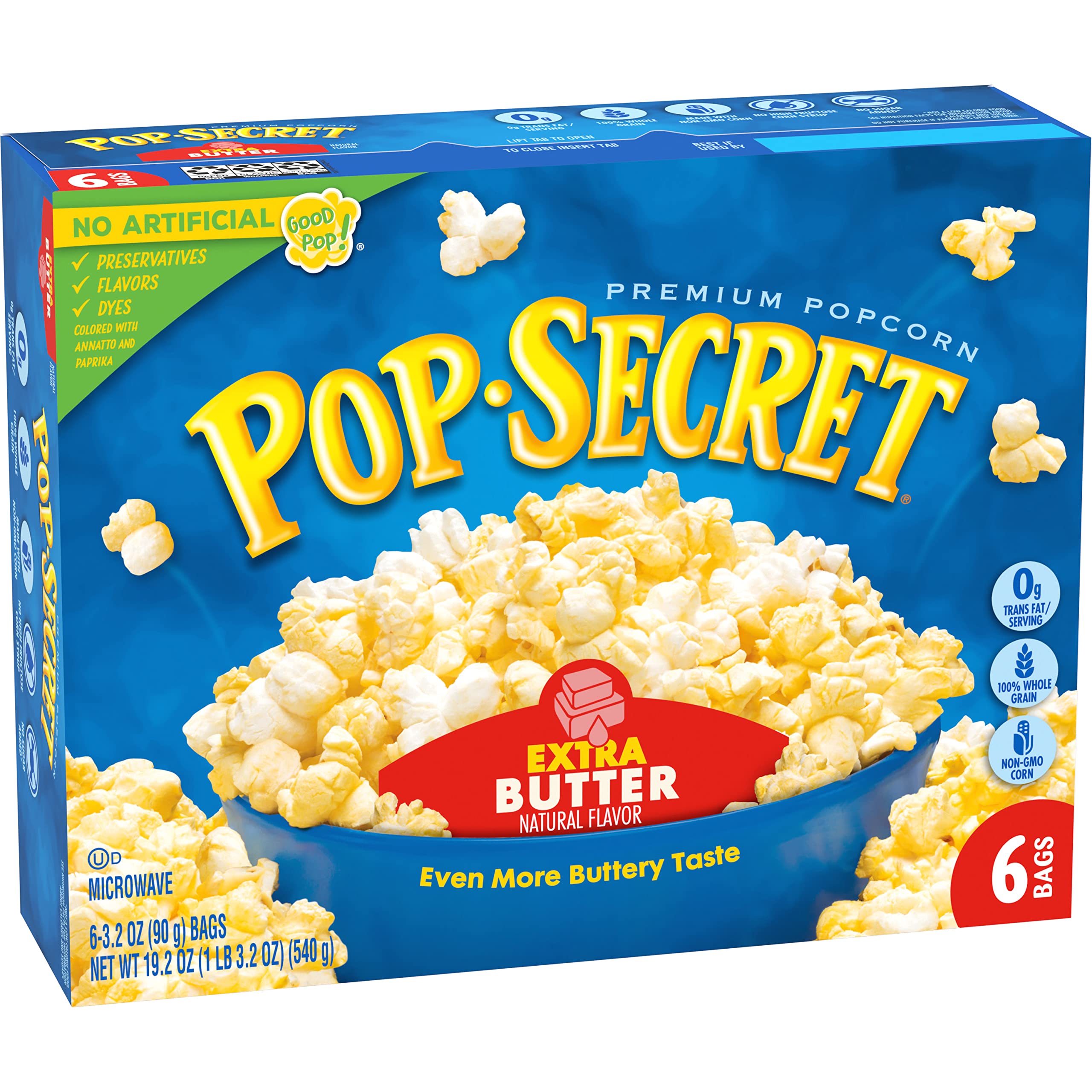 Pop Secret extra butter flavor close-up on craveable kernels.