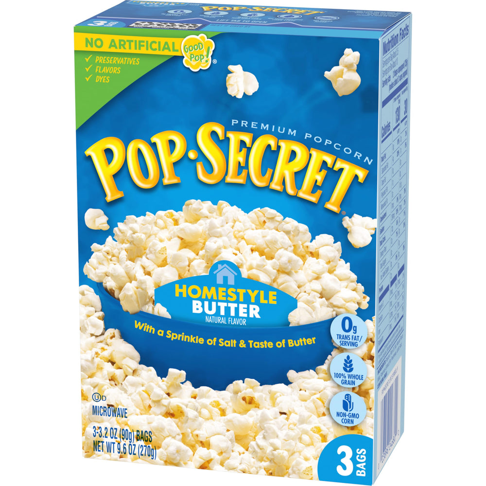 Hot, freshly popped Pop Secret popcorn on a kitchen counter; quick prep.