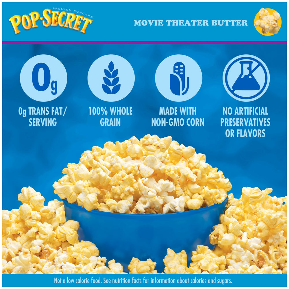Pop Secret microwave popcorn bags highlighting buttery aroma and quick snack readiness.
