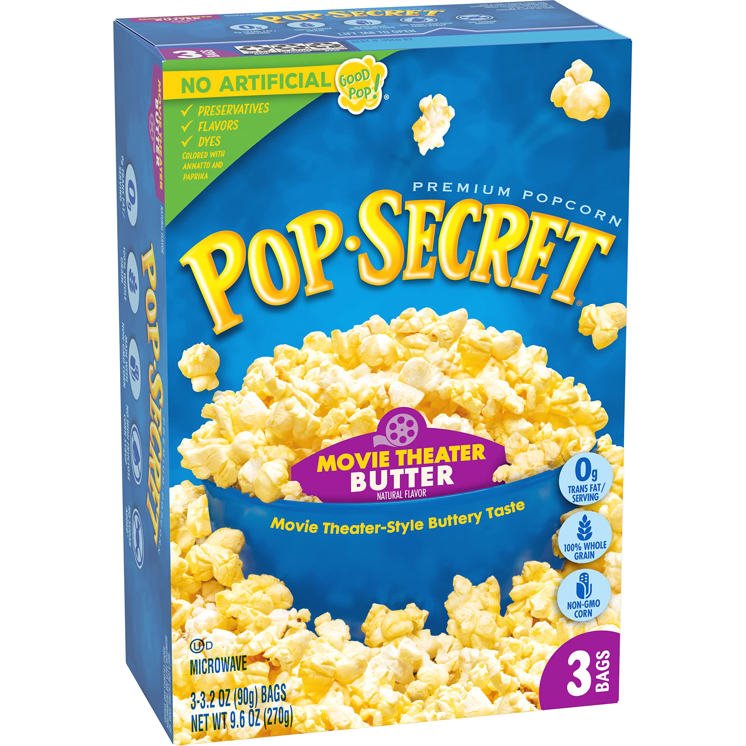 Three shareable bags of Pop Secret Movie Theater Butter popcorn.