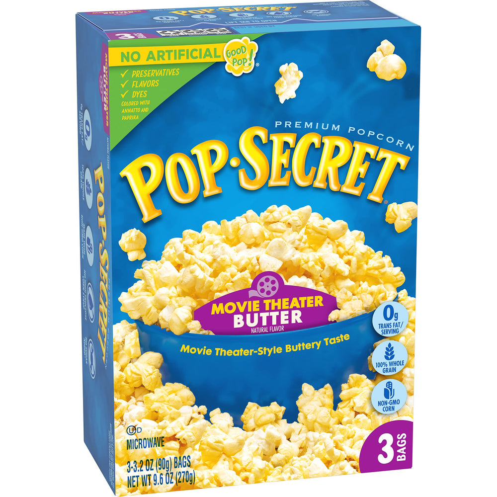 Three shareable bags of Pop Secret Movie Theater Butter popcorn.