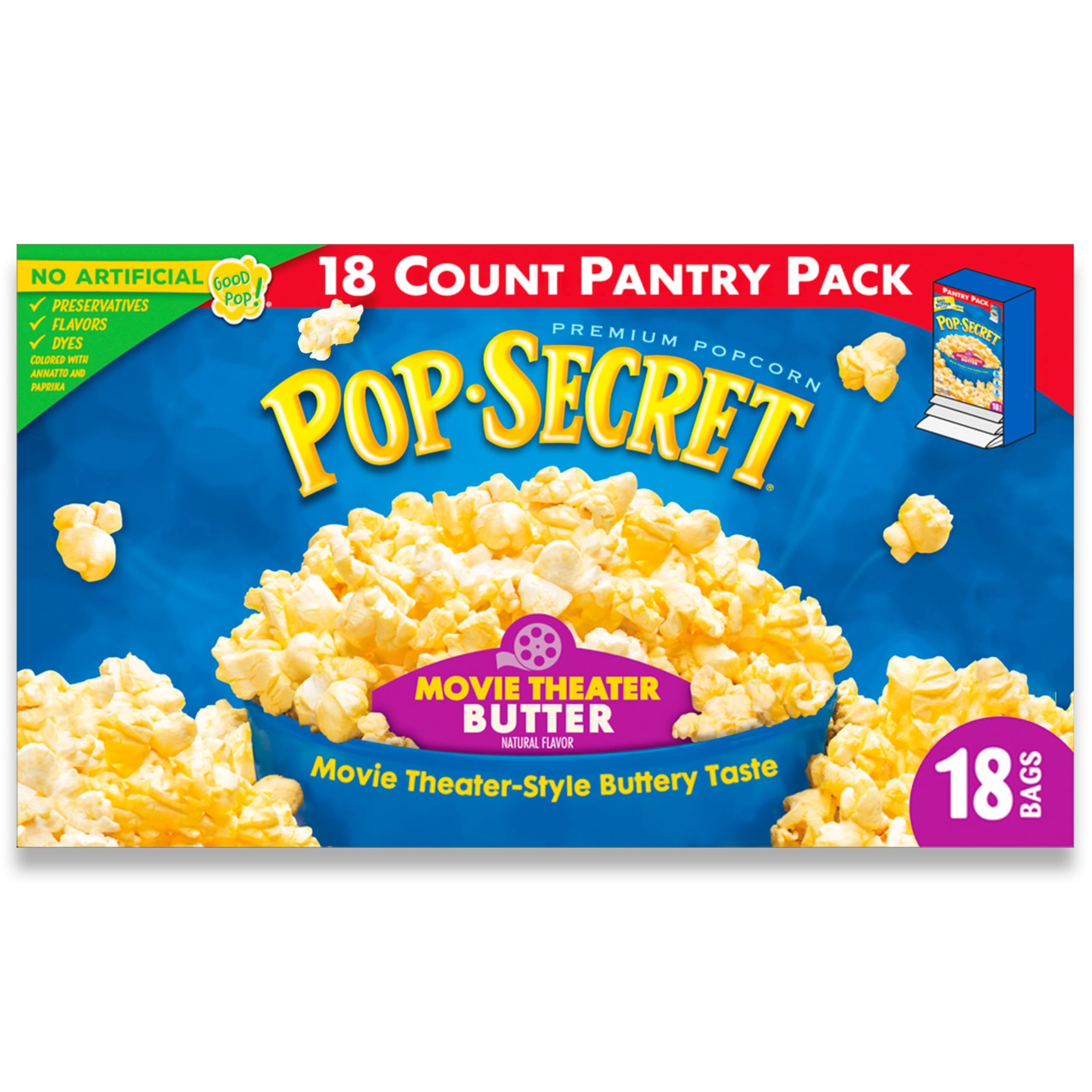 Pop Secret Movie Theater Butter box delivers cinema-like flavor for home viewing.