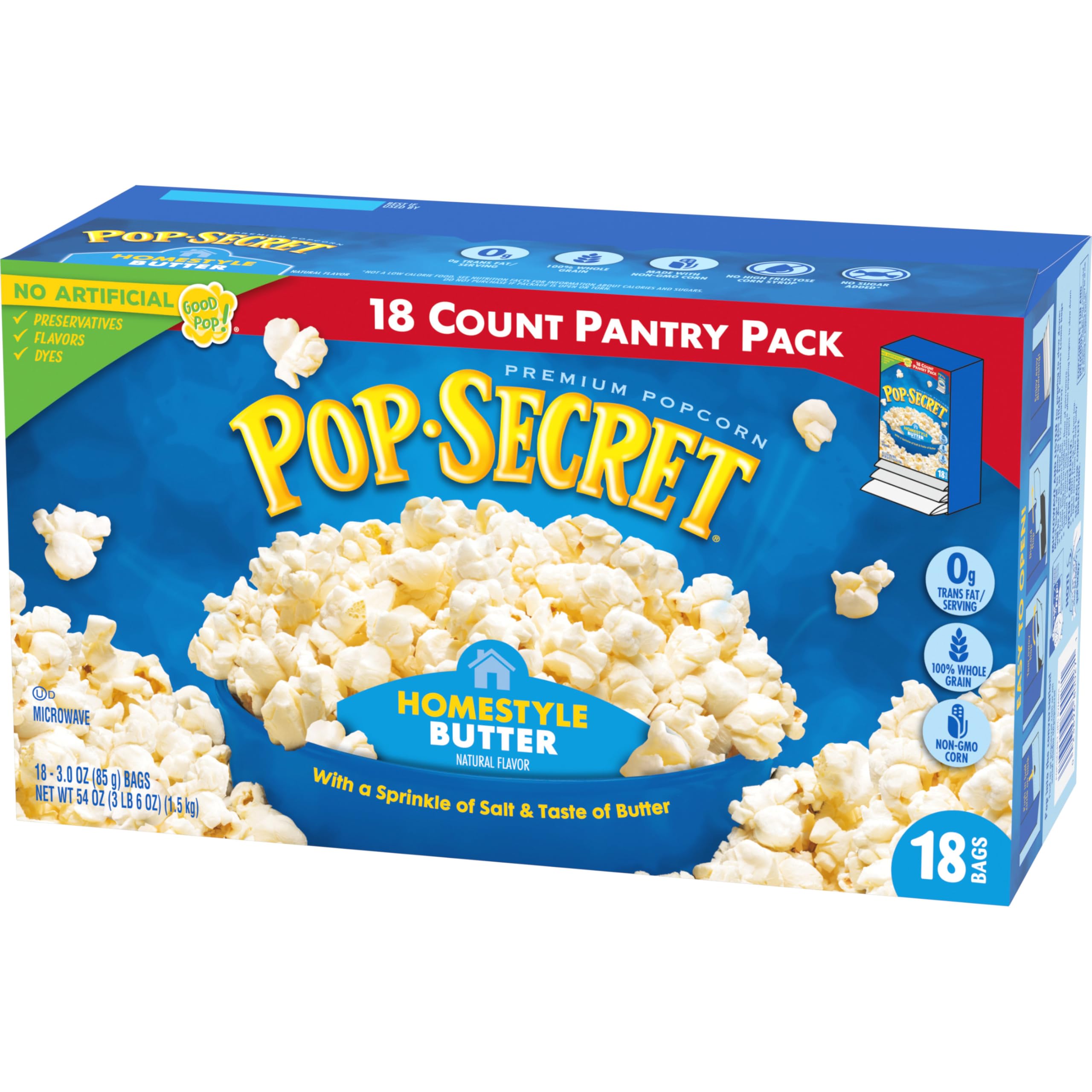 Party-pack display suggests large gatherings and shared movie nights with Pop Secret.