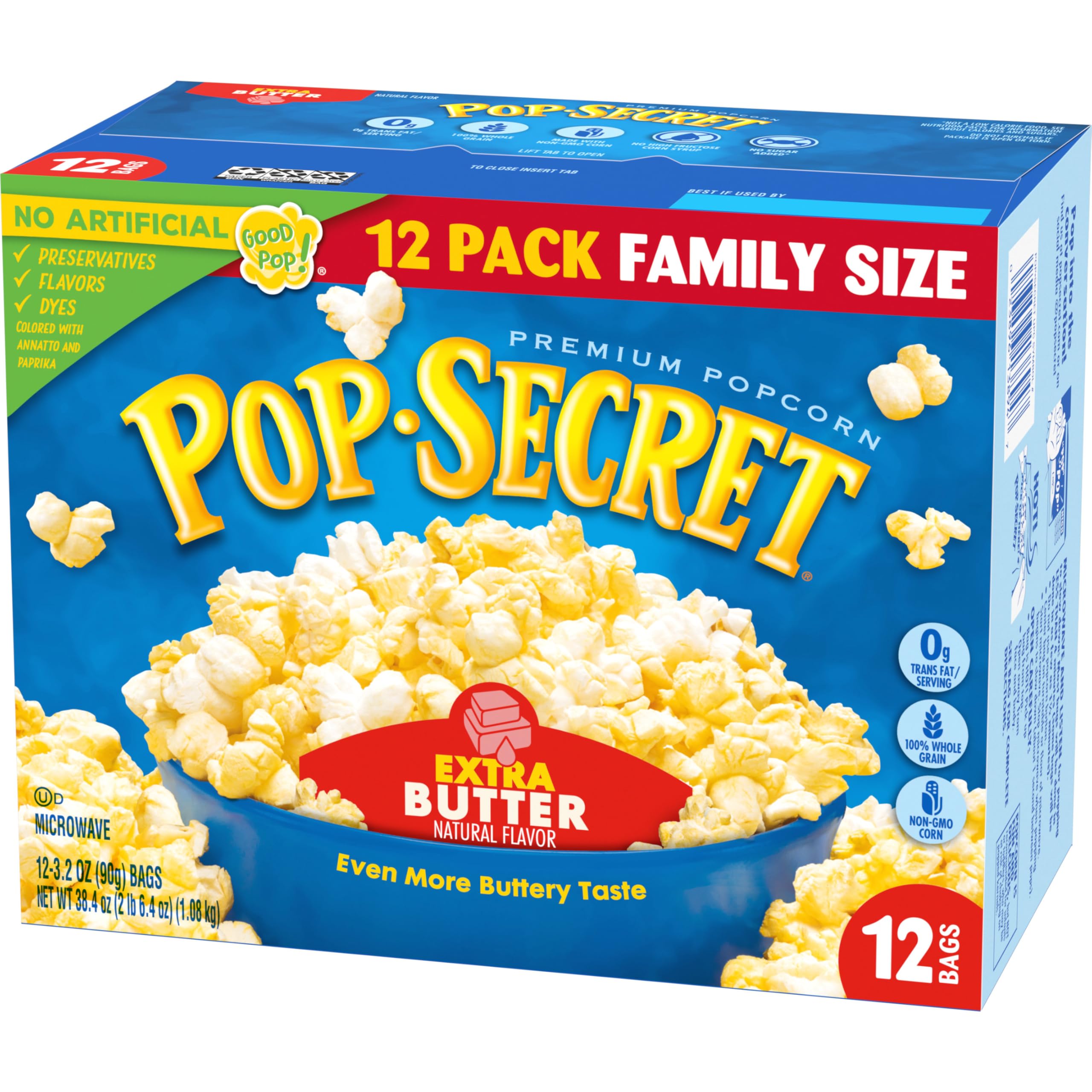 Ready-in-minutes Pop Secret Extra Butter popcorn for quick snacking.