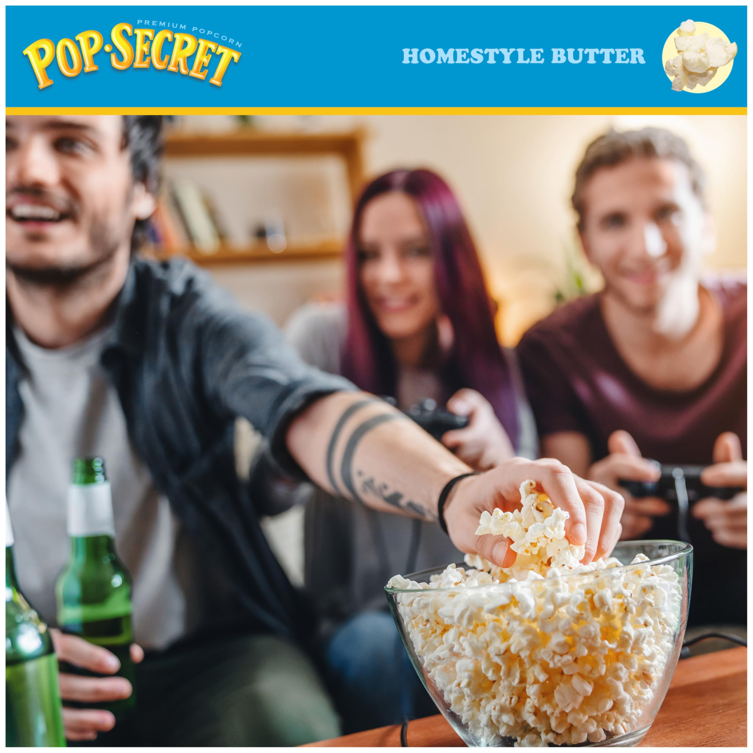 Pop Secret serving bowl image portrays easy sharing during movie sessions.
