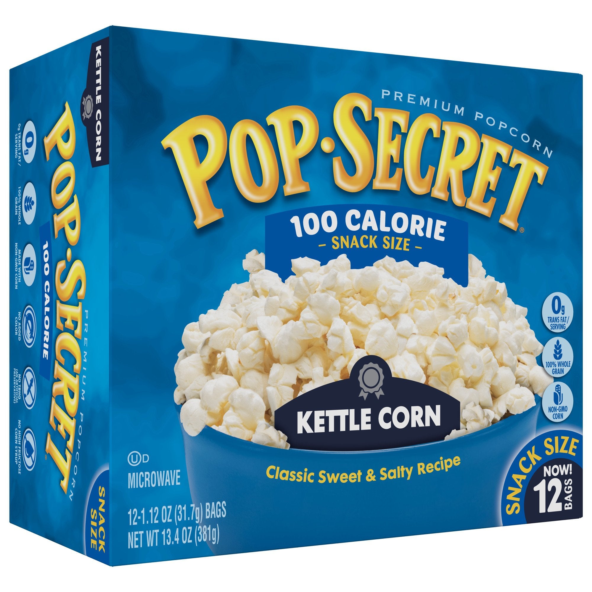 Pop Secret whole grain non-GMO label on bag.